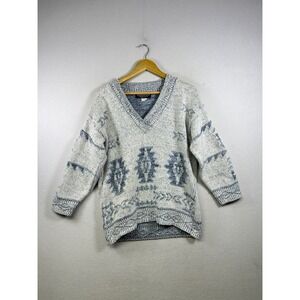 David Brett Southwestern Knit Sweater Womens XL Blue White Vintage V-Neck USA